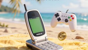 Винтажный телефон Nokia с золотой монетой и геймпадом как лучшие платные JAR-игры Symbian август 2026